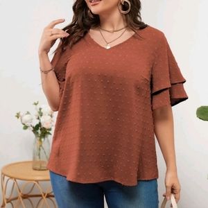 Plus size Flowy V-neck Blouse with Swiss Dots and Butterfly Sleeves, Like New